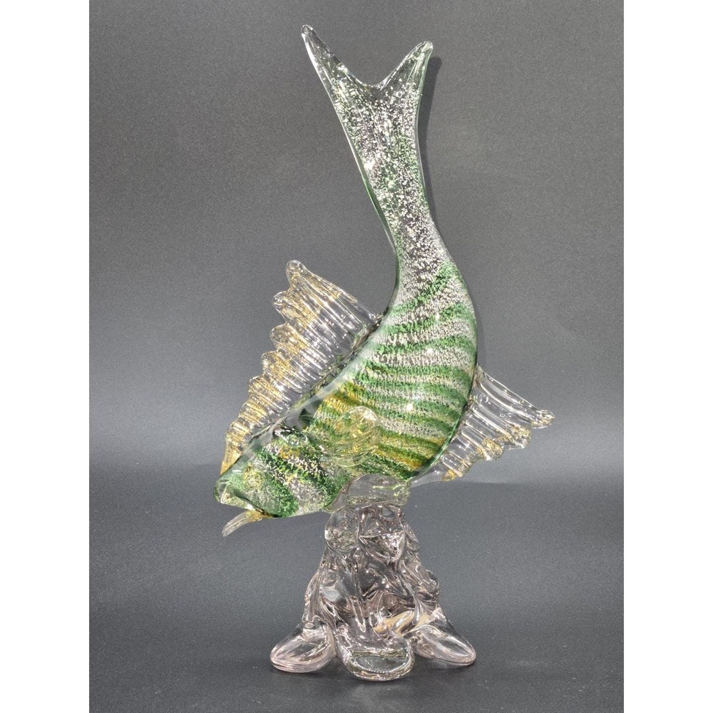 Murano Glass Hand Blown‎ Green Fish Silver & Gold Aventurine 10.75"